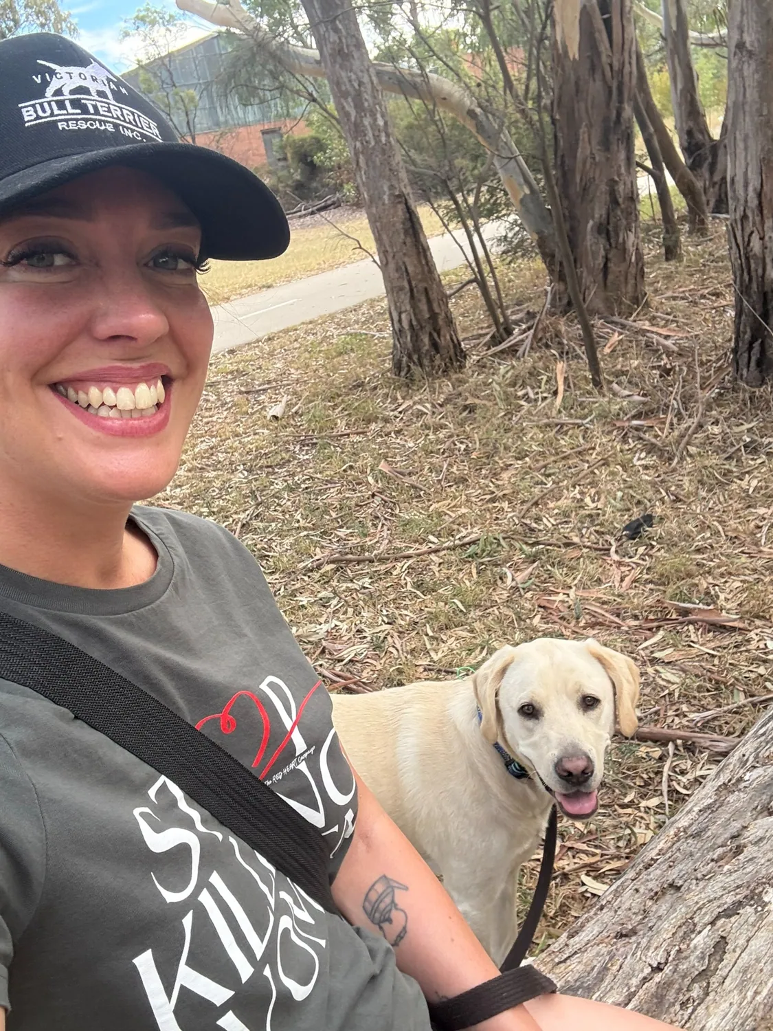 Zoe enjoying a walk with a Labrador